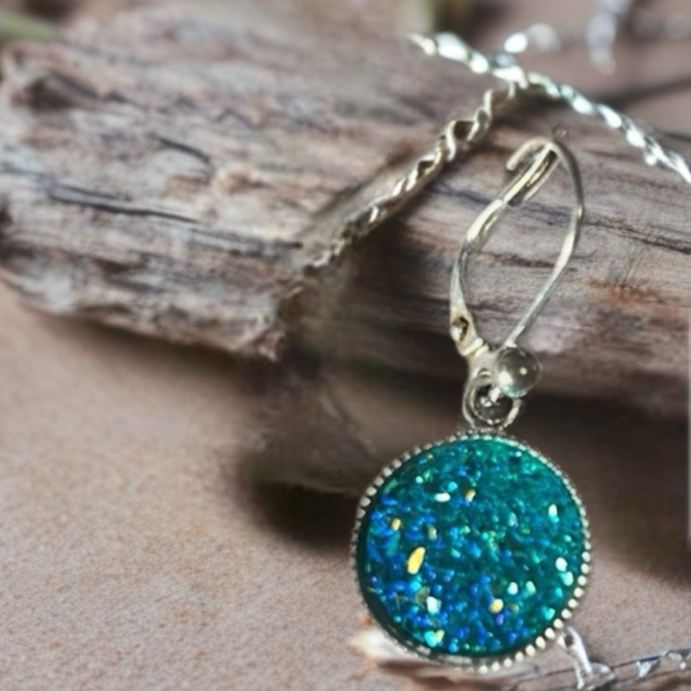 Cabochon Round Costume Bluish-Greenish Dangle Pierced Earrings - Picture 2 of 8